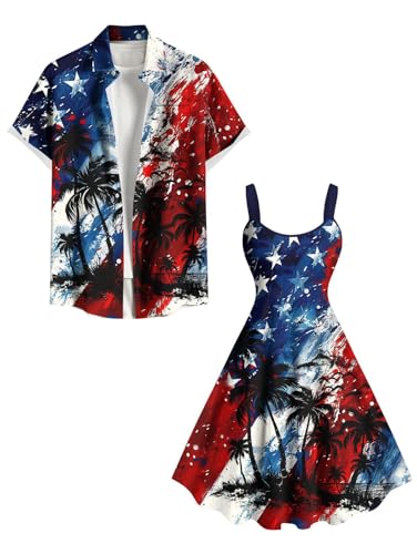 Image of ROSE GAL Matchable Couple Hawaiian Tie Dye Coconut Tree Print Shirt or Plus Size Knee Length Fit and Flare Tank Dress