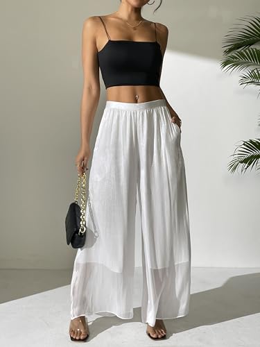 Women's Silky Shiny Wide Leg Palazzo Pants Chiffon Dressy Casual Slacks Trendy Pants2
