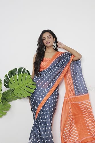 Image of RADHA LAKSHMI Pure Soft Cotton Ikkat Hand Print Women's Saree with Blouse Piece, Grey Dhumketu