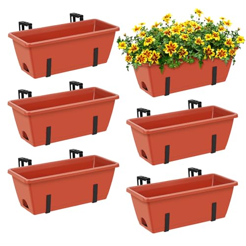 ETELI Railing Planter Box 6 Pack Balcony Planters Railing Hanging with Metal Brackets Window Boxes Deck Rail Planter for Outdoor Indoor Porch Garden Patio, Red & Black