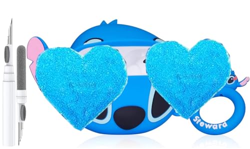 Cute Stitch Case for Airpod 2nd 1st Generation Case Funny 3D Cartoon Kawaii Cool Airpods Cases Skin with Cleaning Kit & Keychain for Apple Air pod Gen 2 & 1 for Boys Girls Kids Teen Blue Stitch