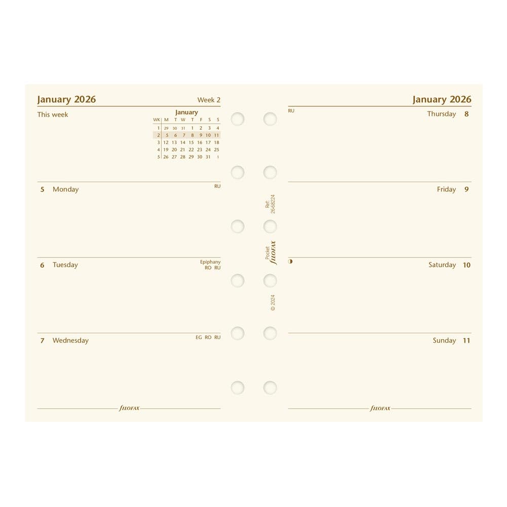 Filofax Calendar Diary Refill, Pocket Size, Week-to-View, Cotton Cream Paper, Unruled, English, 2026 (C68224-26)