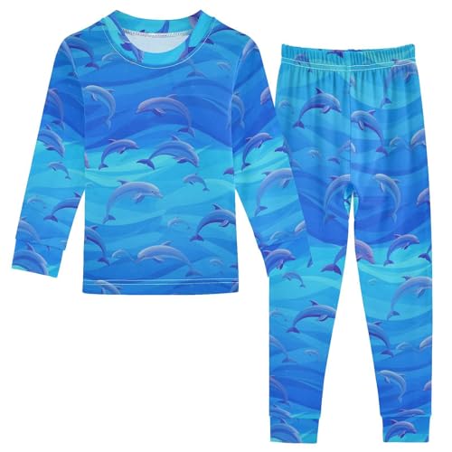 Pajama Sets Long Sleeve Blue Dolphins Swimming Pattern Soft Comfy Sleepwear 2 Piece PJS 3-8T
