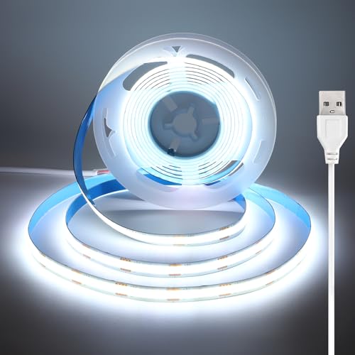 luktix USB Tira LED COB 1.5m, 5V Tira LED Blanco Frio con Adhesivo, 8 mm Ancho, CRI 92+, Cinta LED flexible para Retroiluminación en TV, espejos, debajo de muebles y estanterías, 6000K