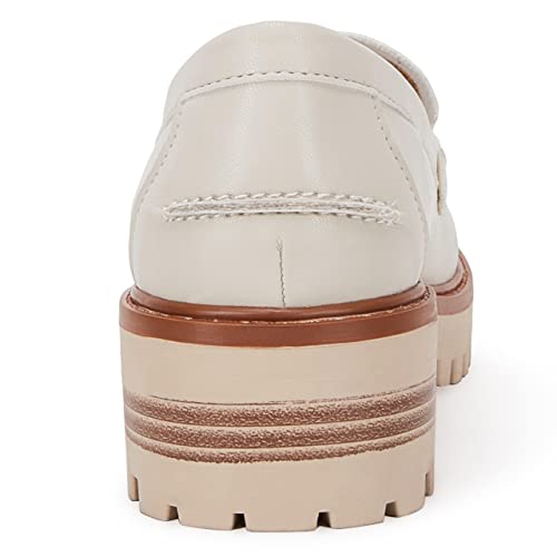 Womens Lug Sole Platform Mid Chunky Heel Loafers Classic Round Toe Slip On Office Uniform Oxfords Shoes With Metal Chain Beige #TOP4