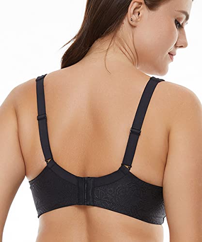 Image of Wingslove Women's Front Closure Minimizer Bra Full Coverage Wirefree Comfort Plus Size Racerback Jacquard Non Padded (Black,48DDD)