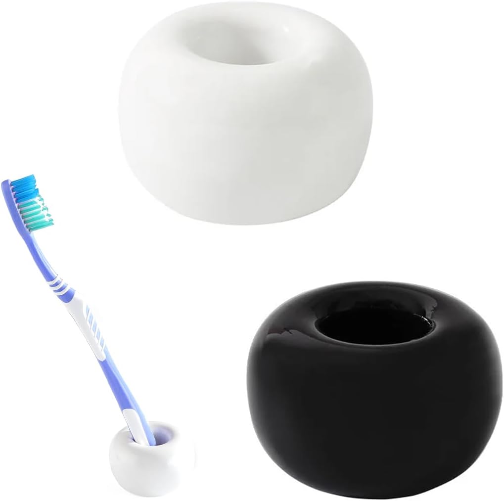 CPJJ 2 Piece Ceramics Toothbrush Holders Mini Donut Shape with Tooth Brush Sleek Mini Ceramics Toothbrush Holder Stand for Bathroom Vanity Countertops