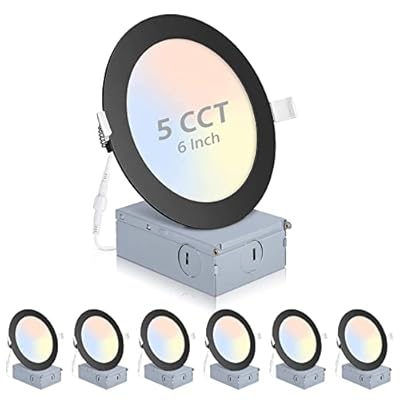6 Pack Recessed Lighting 6 Inch with Junction Box, 5CCT 6 Inch Black LED Recessed Lights Dimmable 2700K/3000K/4000K/5000K/6000K, 15W1200lm Ultra Thin Recessed Lighting - ETL and Energy Star Certified