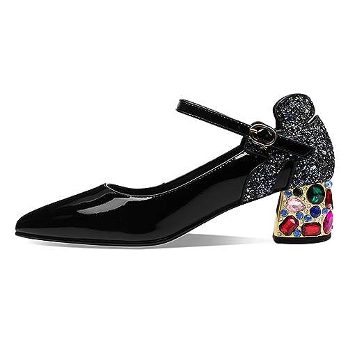 YDN Women Sexy Sparkly Flower Pumps Pointed Closed Toe Buckle Ankle Strap Contrast Stitching Rhinestone Block Low Heels Shoes Prom Shopping Party Size 4-16 US2