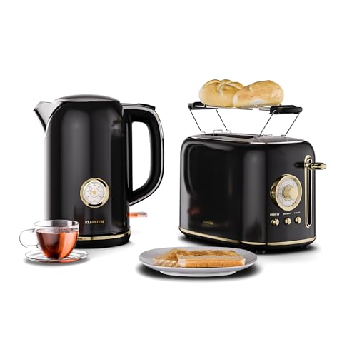 Klarstein Victoria Toaster Wasserkocher Set, Retro Design, 2 Scheiben Toaster mit 7 Bräunungsstufen & Brötchenaufsatz, 1,7L Wasserkocher mit Kalkfilter, Frühstücksset, Schwarz