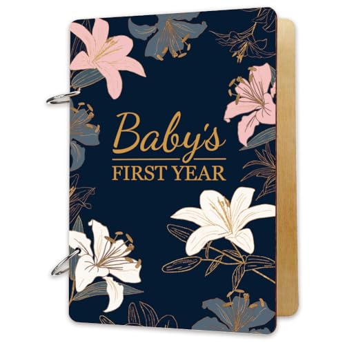 SUPERDANT Baby's First Year Wooden Loose Leaf Binder Lilys Book Reminder Baby Memory Book Baby Journal Scrapbook Photo Album Cover Calendar Keeper Holder Organizer Card Keepsake No Rings