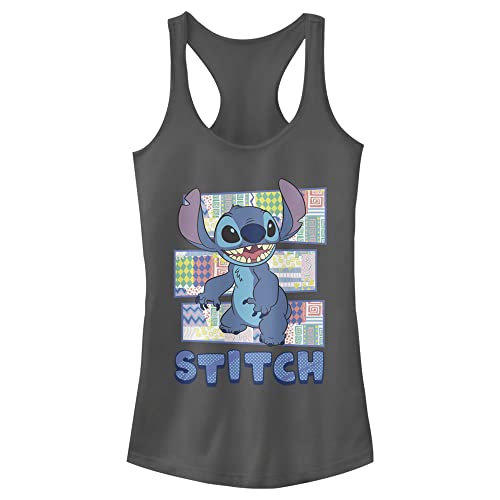 Disney Junior's Lilo Stitch Character Shirt with Pattern Slim Fit, Scoop Hem Racerback Tank, Charcoal, X-Large