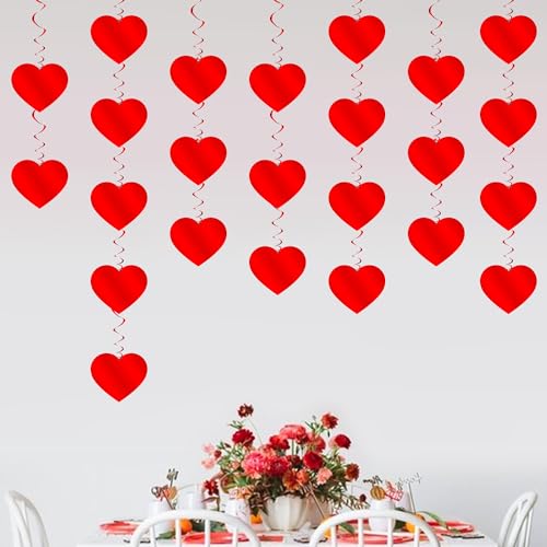 Image of PartyGarden Red Hanging Heart Party Decorations - 24 Pcs Pre-Assembled Ceiling Hanging Swirls for Valentines Day, Galentines Day
