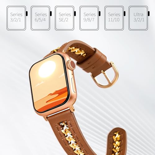 Image of HANDODO Italian Genuine Leather Band with gold chain details, Compatible with Apple Watch Series 11 10 9 8 7 6 5 4 3 2 1 SE SE2 Ultra 2 /3, SGS Certified Fashion Dressy Strap for women men