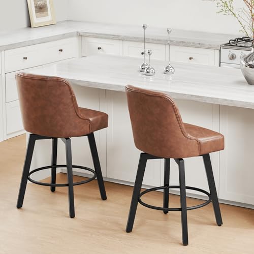 KISLOT Counter Height Swivel Barstools with Back,26\" H Seat Height Upholstered Bar Stools for Kitchen Island,Set of 2,Brown Leather - Thumbnail 7