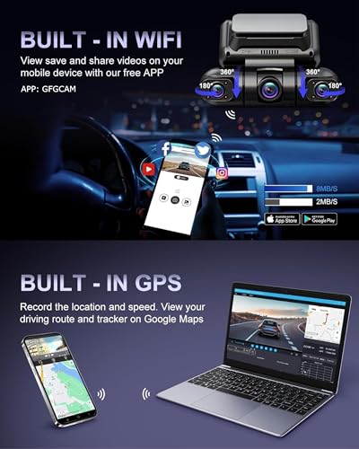 Rhorawill 4 Canali Dash Cam,Rotazione a 360° Anteriore Posteriore All'interno Sinistra Destra Dashcam Auto,Radar Rilevamento & Movimento Modalità Parcheggio,5G WiFi GPS,3" Libero 128GB,Hardwire Kit - 5