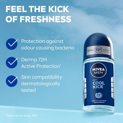 Image of NIVEA MEN Deodorant Underarm Roll On, Cool Kick| 72 H Anti-Perspirant Protection| Long Lasting Freshness with cooling mint Extracts | 0% Alcohol | Dermat Approved| 50ml