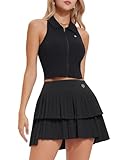 Tennis Skirt Set for Women Two Piece Golf Pickleball Outfits Double Ruffle Pleated Athletic Skirts Sets with Pockets Solid Black