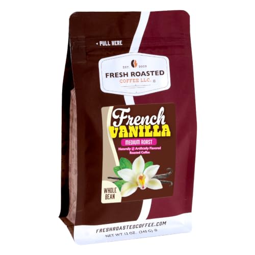 Fresh Roasted Coffee, French Vanilla Flavored Whole Bean Coffee, Medium Roast, Kosher, 12 oz