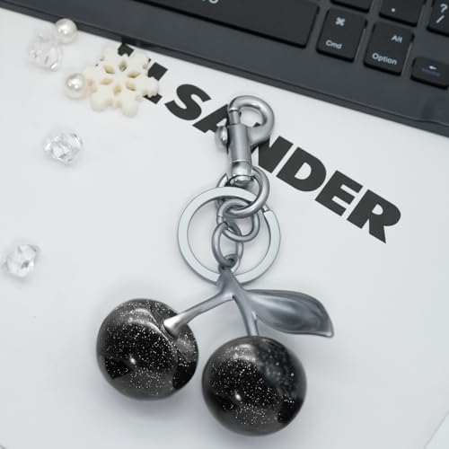 SKYFUN Cherry Keychain for Women Glitter Cherry Bag Charm Key Chain for Purse Wallet Handbag Backpack Jewelry Accessories Gift for Birthday Christmas Valentine’s Day, Alloy Black - Thumbnail 2