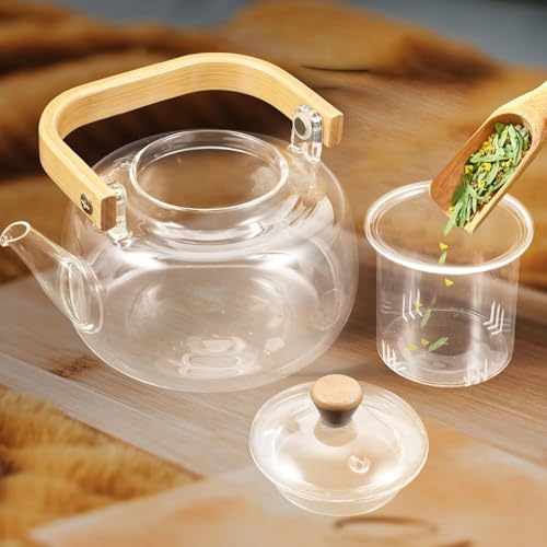 Image of Celvee 900ml Borosilicate Glass Teapot with Wooden Handle & Lid Heat Resistant Clear Kettle for Loose Leaf Tea, Flower Tea & Herbal Infusion,Glass Tea Kettle Stovetop Safe (Glass Tea Pot 900ml)