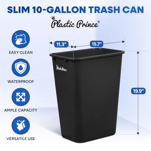 Image of PLASTIC PRINCE 10 Gallon Trash Can Blue and Black Trash Bin for Kitchen Bathroom Office 40 Qt Garbage Bin Fits Under Desk Cabinet Sink, High Plastic Waste Basket 19.9 inch H x 15.7 inch W x 11.3 inch D, Set of 4