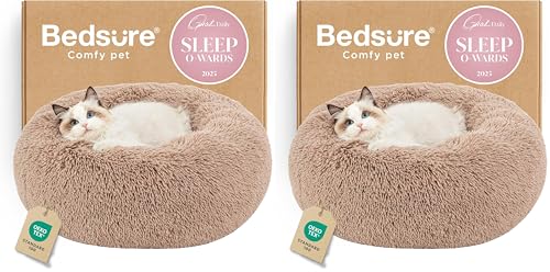 Image of Bedsure Calming Cat Beds for Indoor Cats - Small Cat Bed Washable 20 inches, Anti-Slip Round Fluffy Plush Faux Fur Pet Bed, Fits up to 15 lbs Pets, Camel (Pack of 2)
