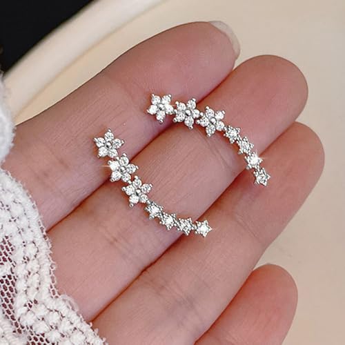 Dainty Cz Flowers Ear Climbers Stud Earrings for Women 925 Sterling Silver Small Trend Flower Cuff Crawler Earrings for Bride 14K Gold Plated White Cubic Zirconia Stud Earrings Wedding Birthday Jewelry Gift2