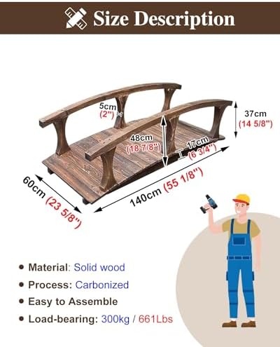 Wooden Garden Bridge with Side Rails - Curved Outdoor Footpath Decor for Yard, Deck, Patio - Japanese Style Classic Walkway