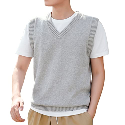 Lu's Chic Men's Cotton Knit Sweater Vest Soft Business Casual Warm Stretch Slim Fit V Neck Sleeveless Pullover