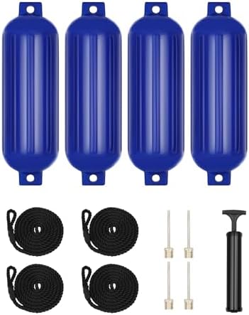 Boat Fenders, Boat Bumpers 4 Pack for Docking with 4 Ropes, 1 Air Pump and 4 Needles, Inflatable Ribbed Marine Pontoon Boat Fenders Bumpers Blue 10Inch