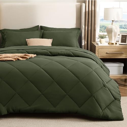 Image of Bedsure 7 Pieces King Comforter Set Premium Series, Hotel Luxury Soft Bed in a Bag, Goose Down Alternative, Safe for Sensitive Skin Bedding Comforter All Season Medium Warmth, Olive Green King Size