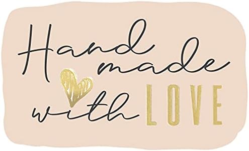 300 Hand Made with Love Stickers in Sheets | 1.75" x 2.75" Special Cut Size | Typical Shape Design with Gold Foil and Light Peach Background | Highly Recommended for Small Business Owners (1 Pack)