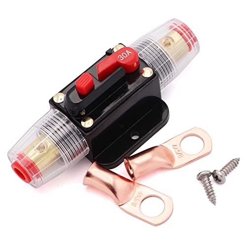 30A Audio Inline Circuit Breaker 12V, High Voltage Stereo Fuse Holder 30amp with Manual Reset for Car Audio RV Home Marine Boat Truck,with Heavy Duty Wire Lugs(4 * 3/8 AWG)