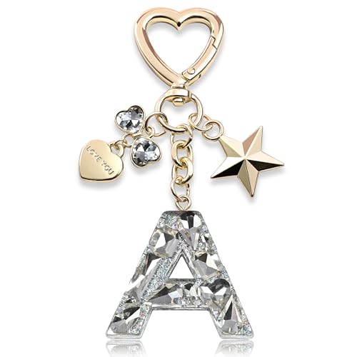 Cute Keychain initial Letter Butterfly Star Pink Purple Bling Gift for Women Girls Bag Cup Charms Accessories (A-white)