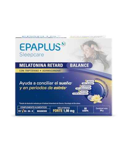 EPAPLUS Sleepcare Melatonina Retard Balance, 60 Comprimidos, con Triptófano + Ashwagandha, Ayuda a...