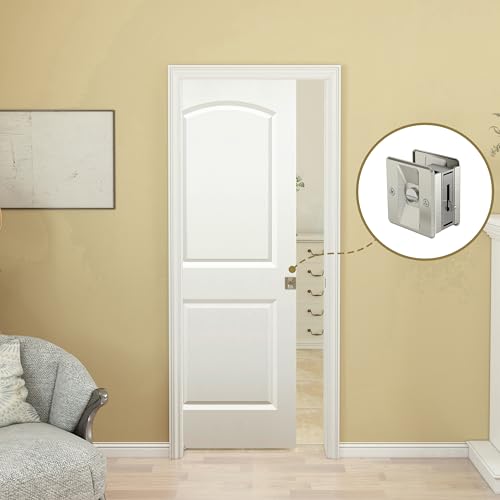 BARNSMITH 30in x 80in Sliding Pocket Door Raised 2-Panel Arch Top Smooth White Primed Door Slab wtih Track Hardware and Frame Kits & Privacy Latch Soft Close Mechanism Durable and Smooth-Sliding