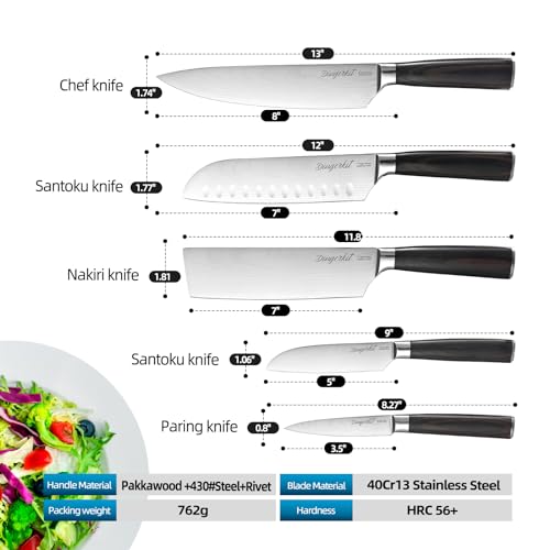 Dingerkit Knives Set for Kitchen, Chef's Knife Set Professional with Chef Santoku Cleaver Nakiri Fruit 5pcs Knife - Damascus Stainless Steel Cooking Knife Set with pakkawood Handle. by Dingerkit - Image 5