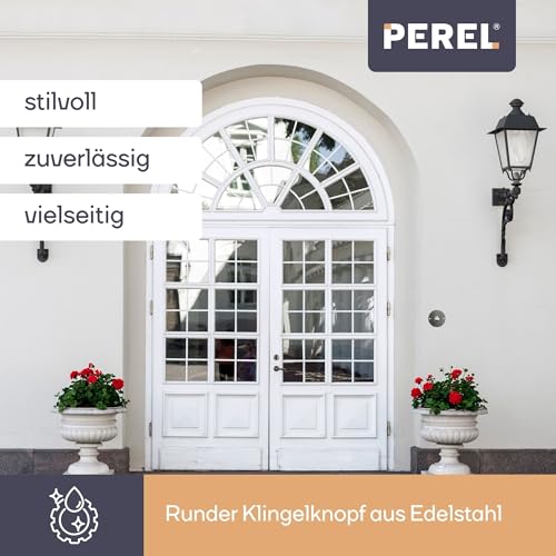 Perel Edelstahl klingeltaster, runder türklingelknopf, ø 75 mm, verdrahtete türklingel, no Kontakt, ip22 spritzwassergeschützt, halbeinversierte Montage, 75x75x17 mm, lochabstand 60 mm, Betrieb mit 8