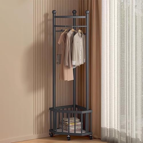 GNYVZXPLQ Rotary Umbrella Drying Rack, Metal Corner Coat Rack With Storage Shelf, Hooks, Wheels, Multicolor(Black)