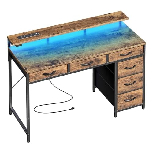 Huuger Gaming Desk with 6 Drawers, Computer Desk with LED Lights Power Outlets and Type-C, 39 Inch Office Desk with Storage, Monitor Stand, Writing Desk Work Desk Home Office, Study, Rustic Brown