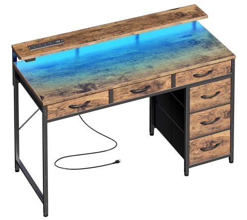 Huuger Gaming Desk with 6 Drawers, Computer Desk with LED Lights Power Outlets and Type-C, 39 Inch Office Desk with Storage, Monitor Stand, Writing Desk Work Desk Home Office, Study, Rustic Brown