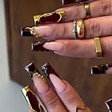 HOSAILY Burgundy Coffin Press On Nails-3D Water Ripple & Leopard French Tips with Mirror Metallic Gold Liner, Deep Red False Fake Nails for Autumn Winter, 24Pcs Full Cover Glue on Nails for Women