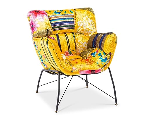 Multicoloured Fabric Patchwork Gold Accent Chair for Living Room - Modern Floral Armchair, Occasional Chair for Bedroom, Small Armchair with Metal Spider Legs - ELIANA