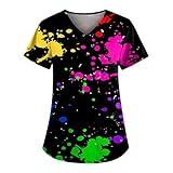 Scrubs for Women V Neck Short Sleeve Printed Tops Cartoon Pattern Plus Size Nursing with Pockets Black 4XL