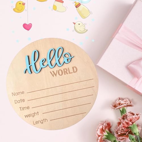 Image of Baby Announcement Sign, 5.9 Inch Wooden Hello World Newborn Signs, Birth Announcement Sign, Baby Shower Hospital Nursery for Newborn Boys and Girls (Sky Blue,Pen)