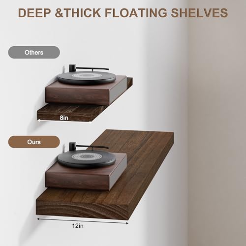 Image of 36 Inch Floating Shelves, Set of 2 Deep Floating Shelves 12in Depth, Floating Shelves Long Heavy Duty Wood Shelves for Wall, Solid Wood Rustic Walnut Finish