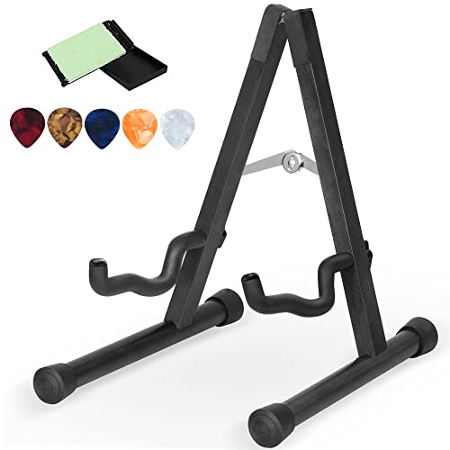 Autex Wooden Guitar Stand, Guitar Stand Acoustic with Foam Pad, Adjustable Acoustic Guitar Stand Floor with Free Guitar Picks and String Cleaner, Folding Banjo Stand Floor for Multiple Guitars, Black