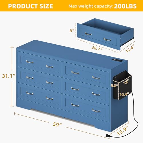 DWVO Farmhouse 6 Drawer Dresser for Bedroom, 59" Wide Modern Dresser TV Stand with Large Drawers & Bar Handles, Storage Dressers with Power Outlets, Rustic Wood Chest of Drawers, Blue
