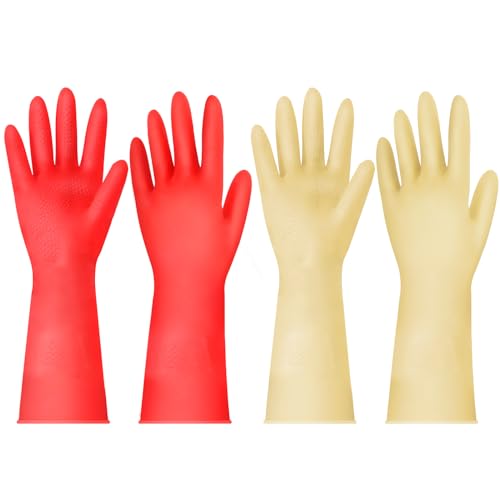 Yunaeduo Rubber Cleaning Gloves for Dishwashing - 6 Pairs Kitchen Gloves for Washing Dishes, Reusable Household Gloves for Bathroom, Gardening (Medium, Red & Yellow, 3 Pairs of Each Color)